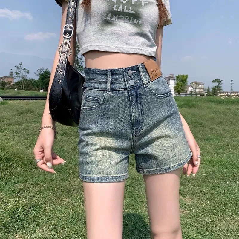 美式復古高腰顯瘦闊腿a字熱褲牛仔短褲