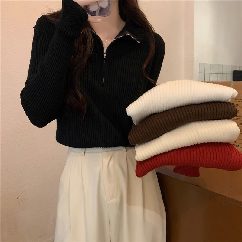 慵懶風半拉鍊高領寬鬆顯瘦內搭長袖針織衫