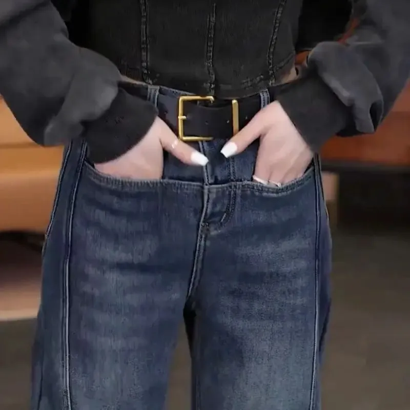 顯瘦復古高腰彎刀褲香蕉褲闊腿寬鬆牛仔褲-HaloBless