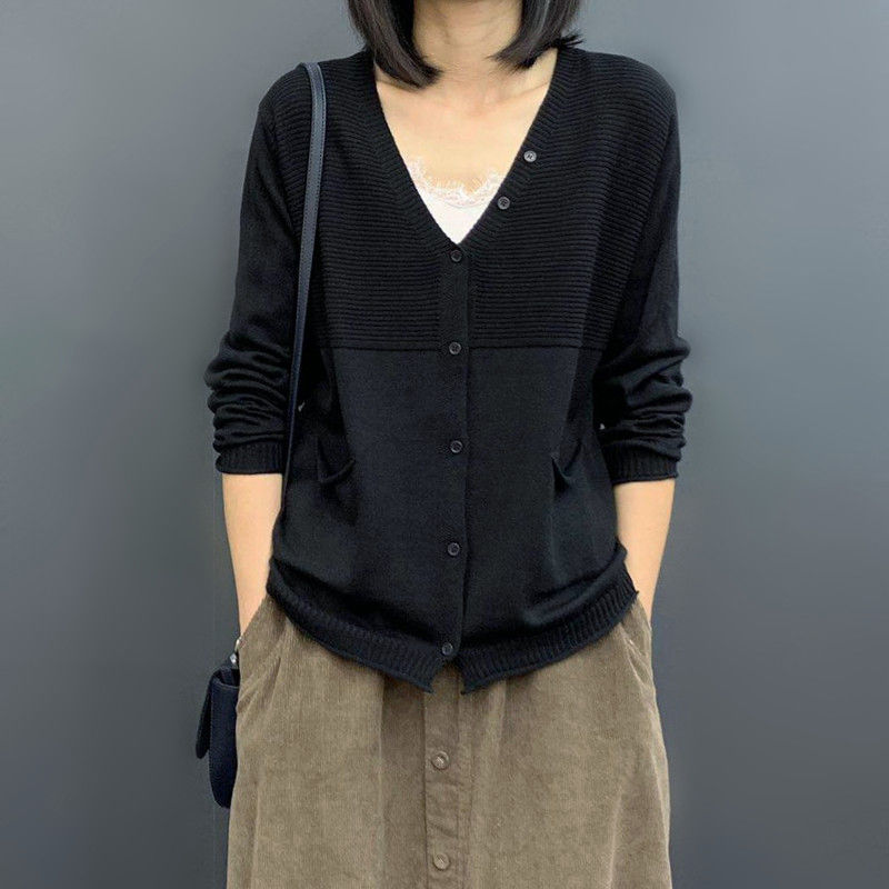 寬鬆顯瘦文藝純色長袖薄款針織開衫-HaloBless