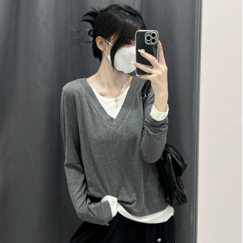 純棉假兩件純慾風內搭修身設計感長袖t恤-HaloBless