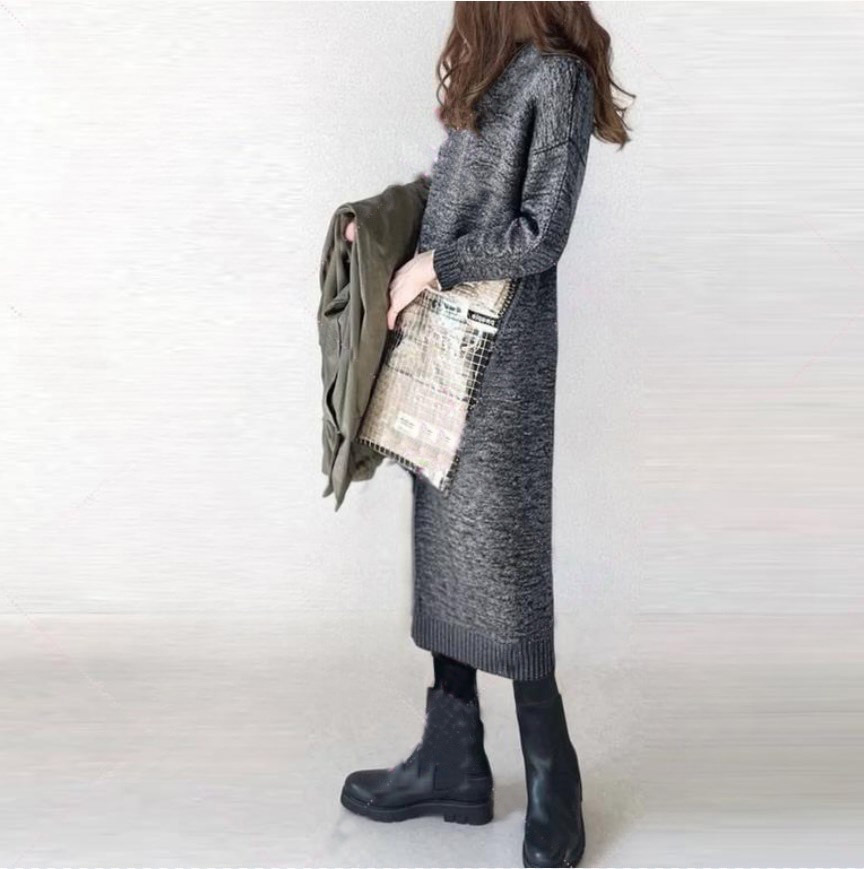 日韓休閑時尚小高領中长版花灰毛織洋裝