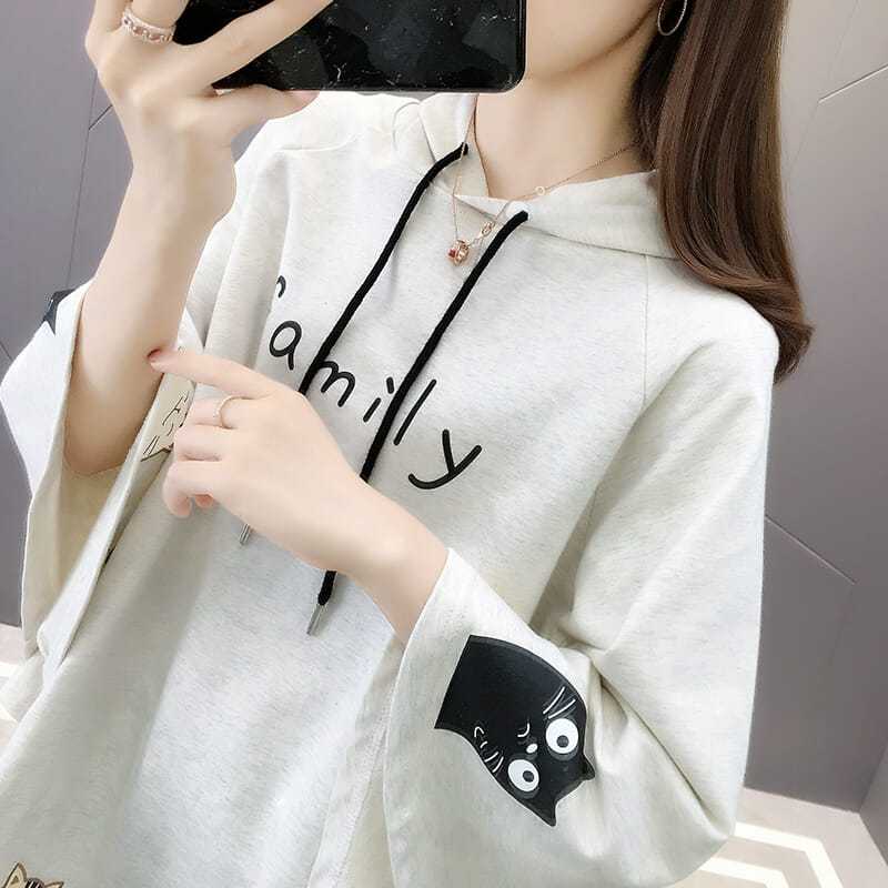 時尚貓咪印花寬鬆顯瘦斗篷款蝙蝠袖連帽衛衣-HaloBless