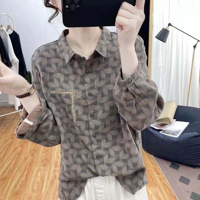 韓系純棉長袖翻領印花減齡襯衫-HaloBless