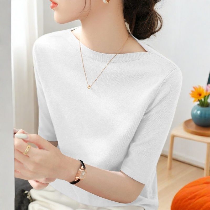 氣質百搭螺紋一字領修身顯瘦中袖打底衫-HaloBless