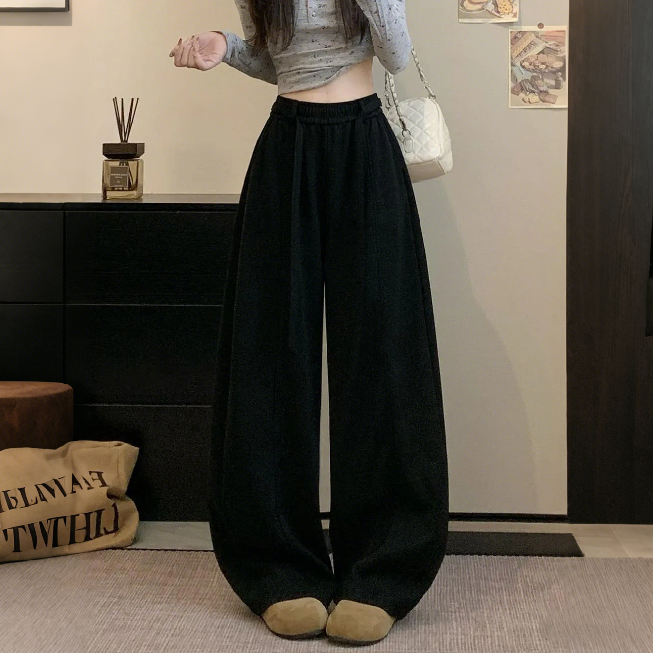 韓版刷毛鬆緊高腰休閒寬鬆垂感顯瘦闊腿褲