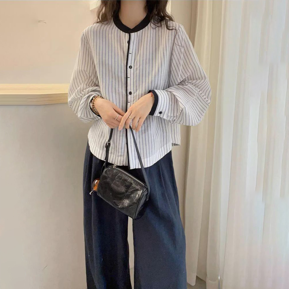 新中式設計感燈籠袖豎條紋休閒長袖襯衫-HaloBless