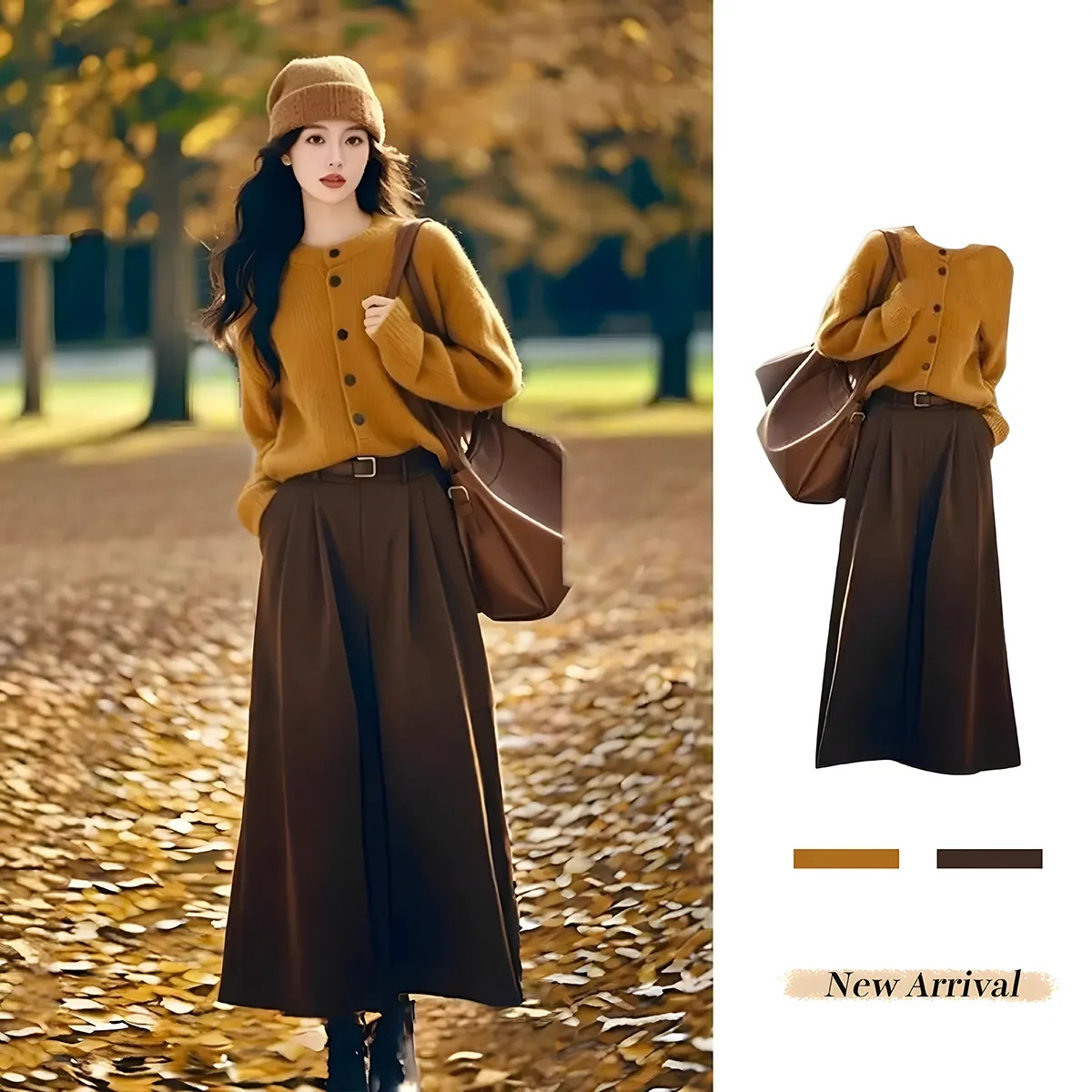 【單件/套裝】韓系溫柔風復古針織毛衣+美拉德色系半身裙兩件套-HaloBless