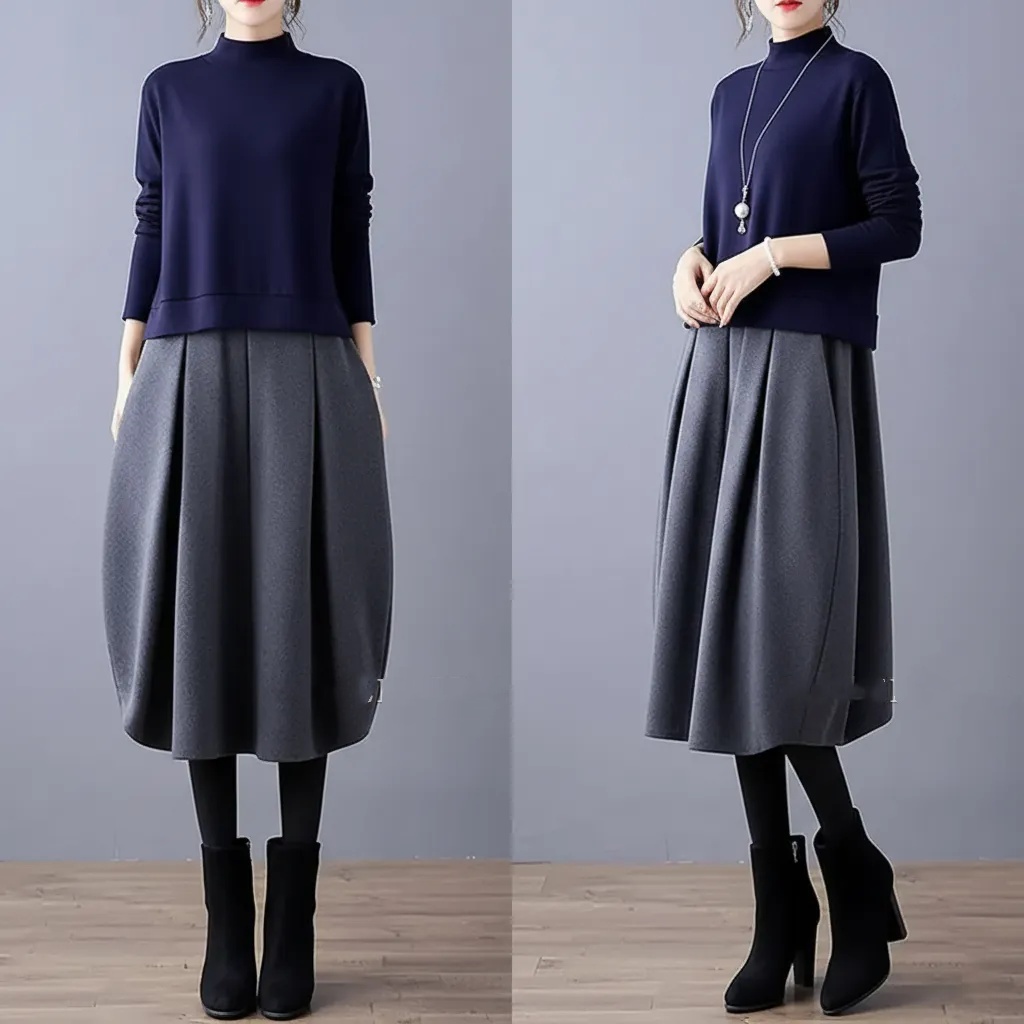 日韓休閑圓領長袖潮流拼色假兩件洋裝