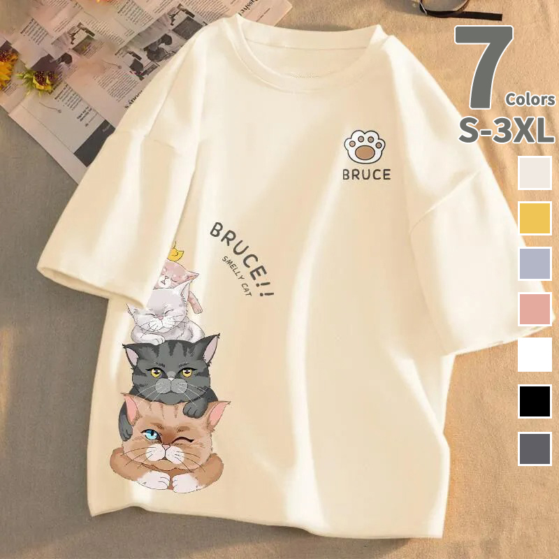百搭情侶款可愛潮流貓咪印花短袖T恤-HaloBless