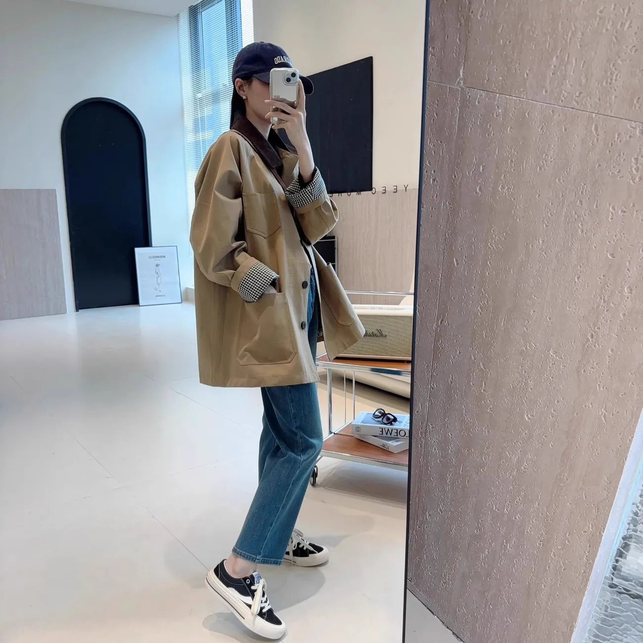 休閑高級感撞色中長款風衣寬鬆外套-HaloBless