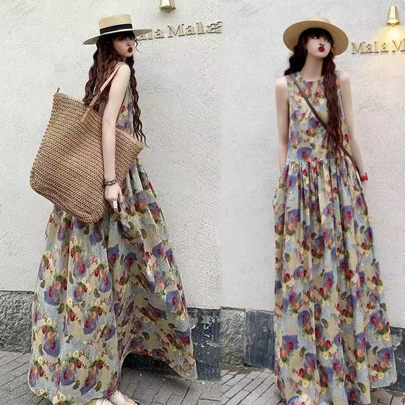 長款及踝油畫風復古印花減齡A字甜美洋裝-HaloBless