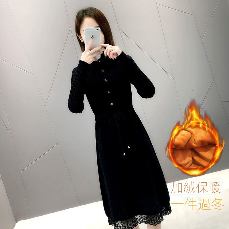 刷毛加厚中長版蕾絲寬鬆半高領針織洋裝