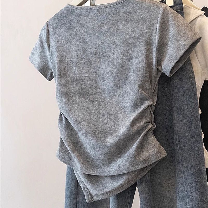 設計感翻領紮染不規則蝴蝶結收腰短袖T恤-HaloBless