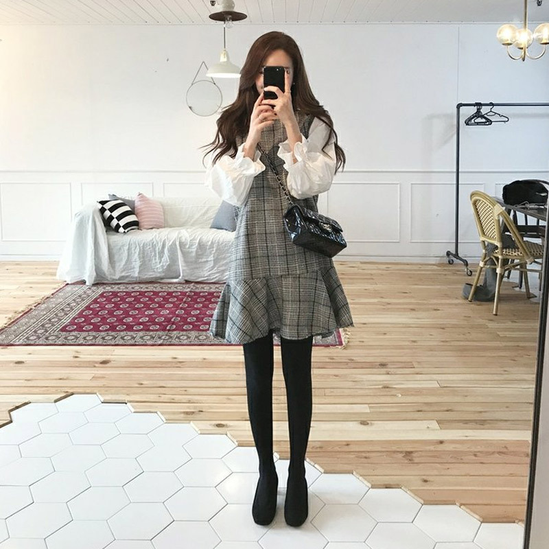 韓版溫柔小香風氣質通勤假兩件連身裙-HaloBless