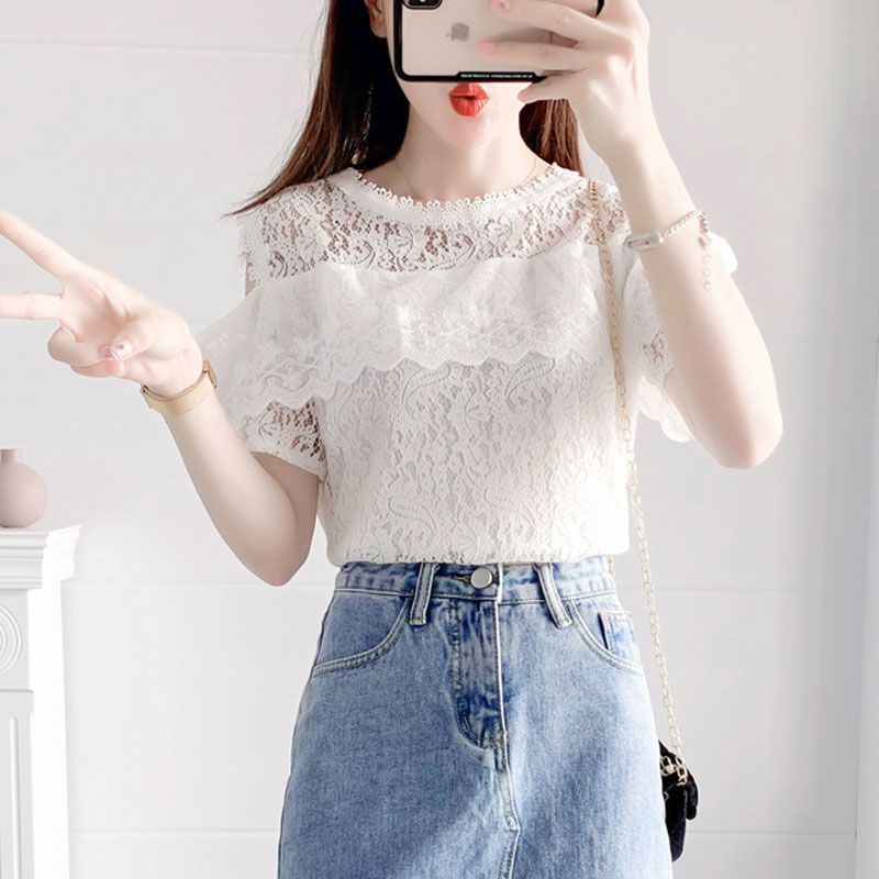 【單件/套裝】氣質溫柔風蕾絲拼接短袖+時尚牛仔半身裙兩件套裝