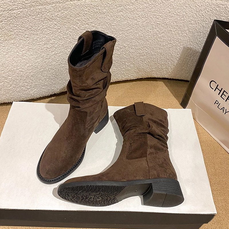 美拉德復古中筒牛仔堆堆短靴粗跟馬丁靴-HaloBless