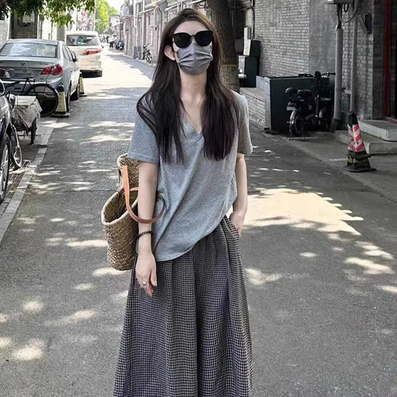 【單件/整套】休閒透氣涼爽V領短袖T恤+格子垂墜感寬鬆長褲兩件套裝-HaloBless