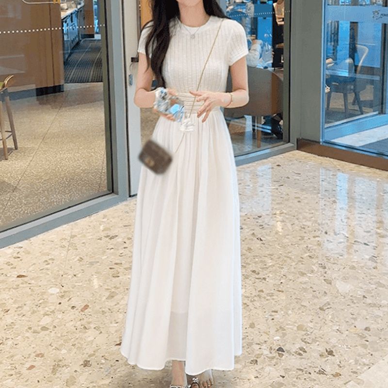 大碼法式拼接收腰A字氣質清純短袖洋裝