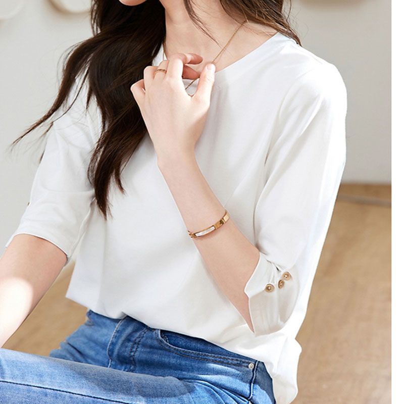 紐扣設計時尚休閒百搭顯瘦七分中袖T恤