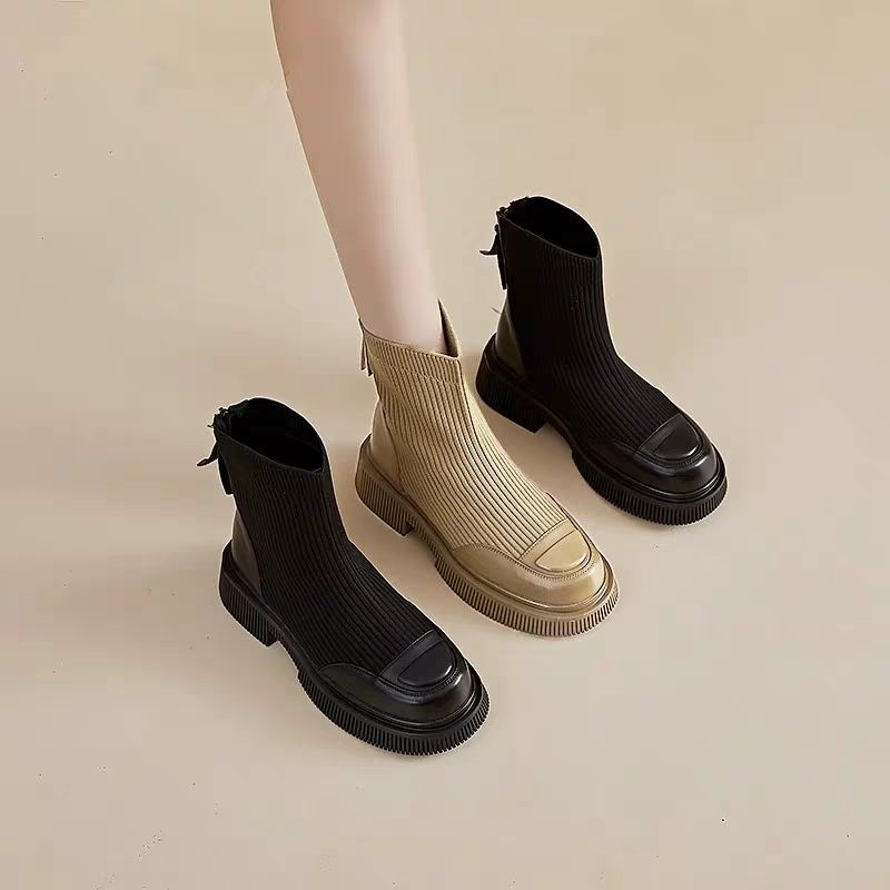 飛織瘦瘦厚底馬丁靴韓版彈力襪子百搭短靴-HaloBless