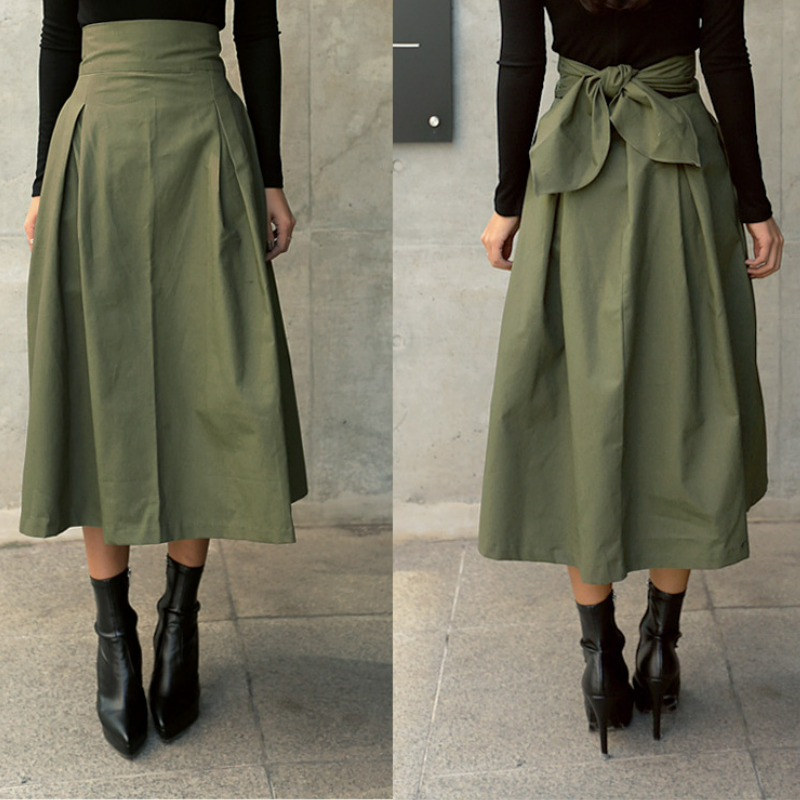 超火蝴蝶結傘裙修身束腰大裙擺A字半身裙-HaloBless