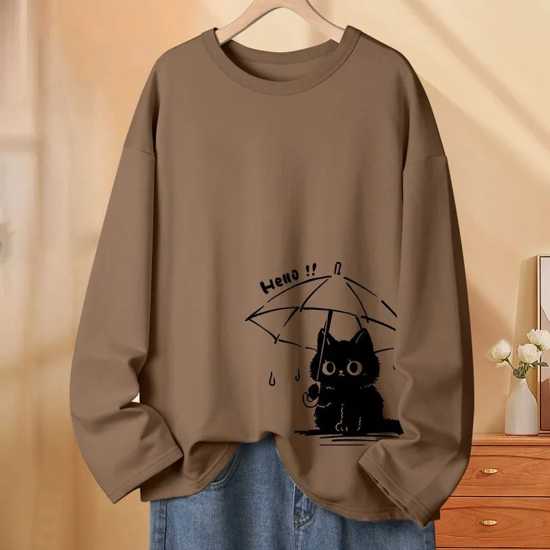 純棉薄款撐傘貓可愛圓領長袖T恤-HaloBless