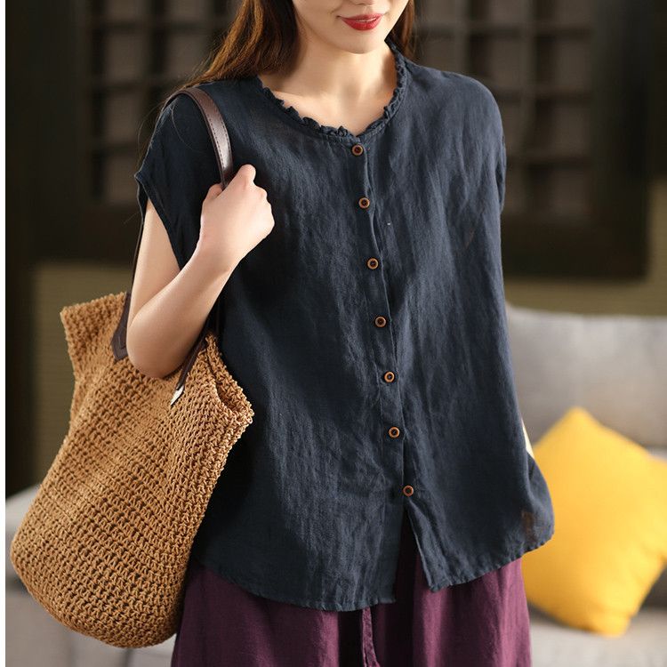 5色重工棉麻木耳領復古單排扣百搭無袖襯衫