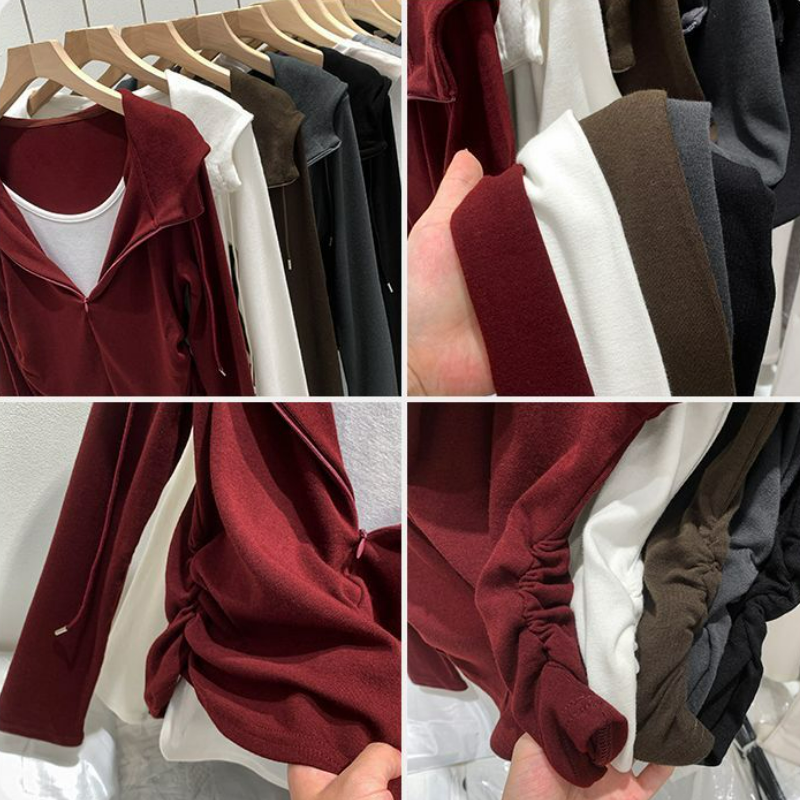 美式假兩件抽褶顯瘦連帽長袖T恤