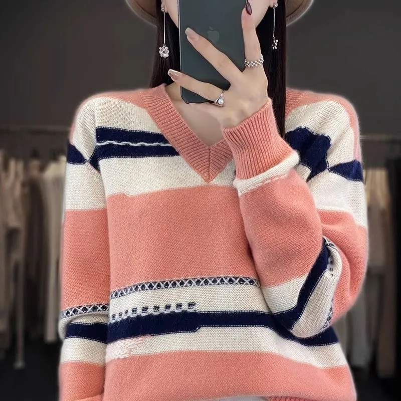 條紋大碼V領打底衫寬鬆顯瘦加厚針織毛衣
