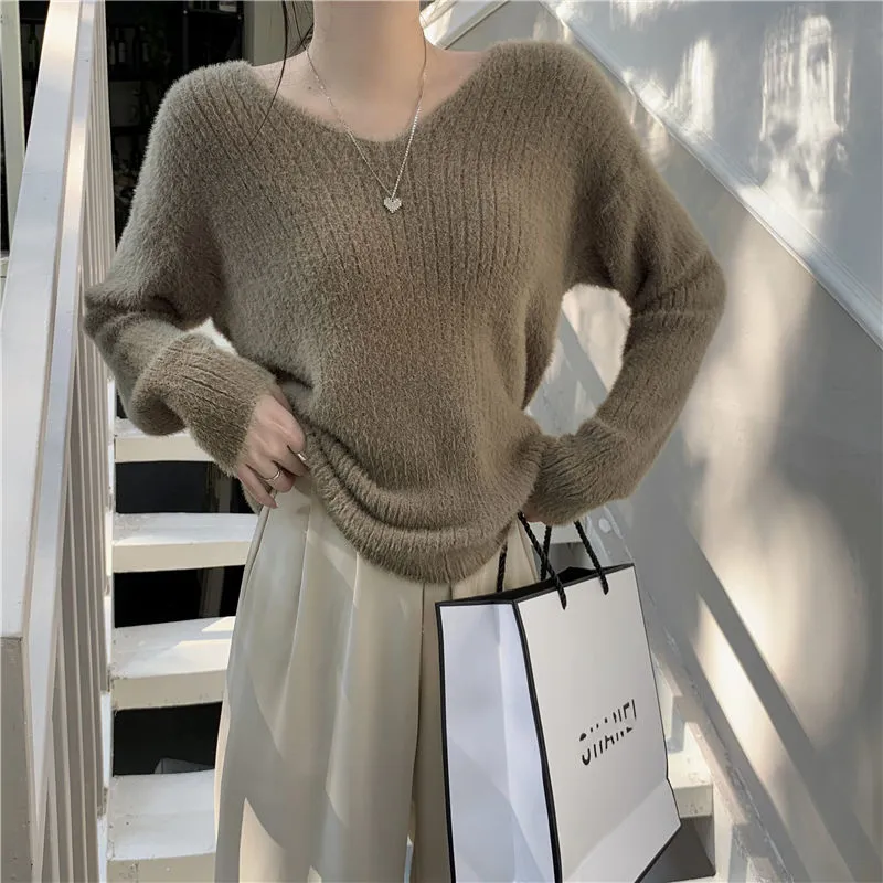 復古仿水貂毛V領軟糯寬鬆慵懶風內搭毛衣