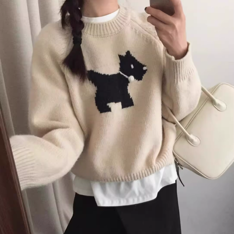 韓系寬鬆短版軟糯圓領狗狗提花針織毛衣