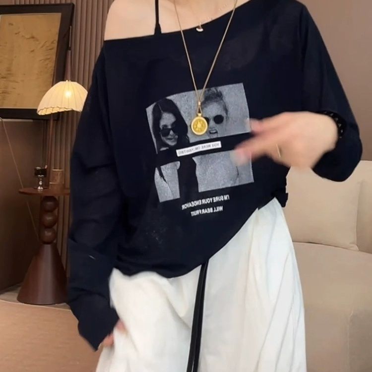 大碼一字領慵懶風寬鬆防曬長袖罩衫-HaloBless