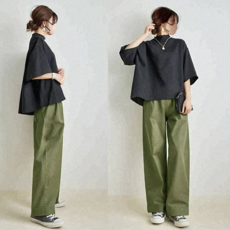 【套裝】日系寬鬆中袖上衣+寬鬆闊腿褲兩件套裝-HaloBless