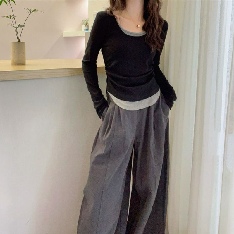 假兩件正肩修身顯瘦拼接撞色長袖T恤