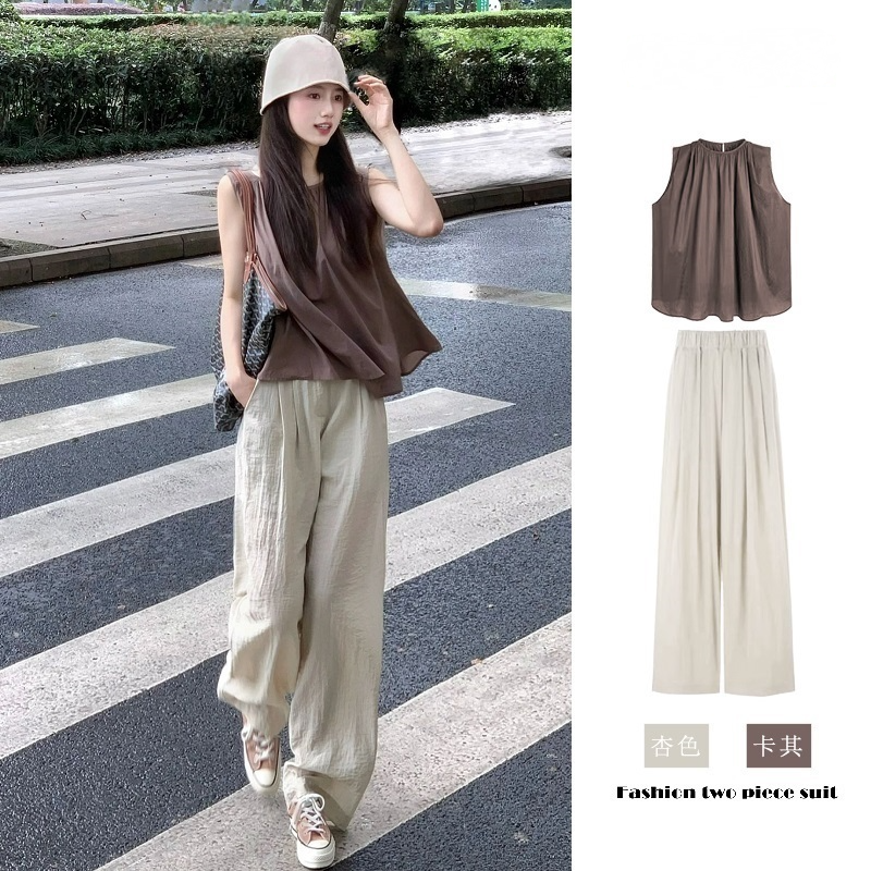 【單品/套裝】韓系復古港風上衣闊腿褲兩件套裝-HaloBless