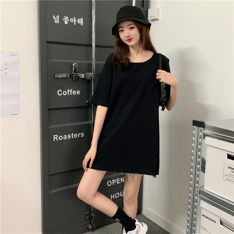 港風純棉寬鬆圓領開叉遮臀中長版短袖T恤