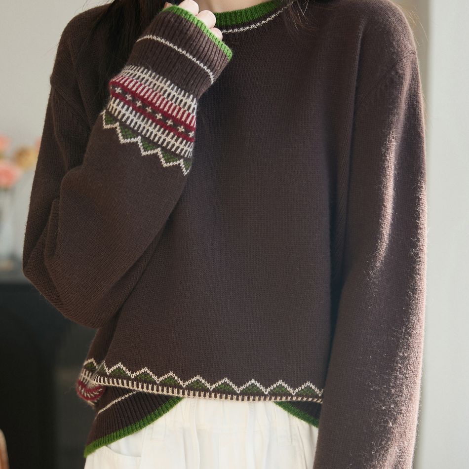 新款民族提花撞色圓領時尚復古正肩寬鬆打底衫