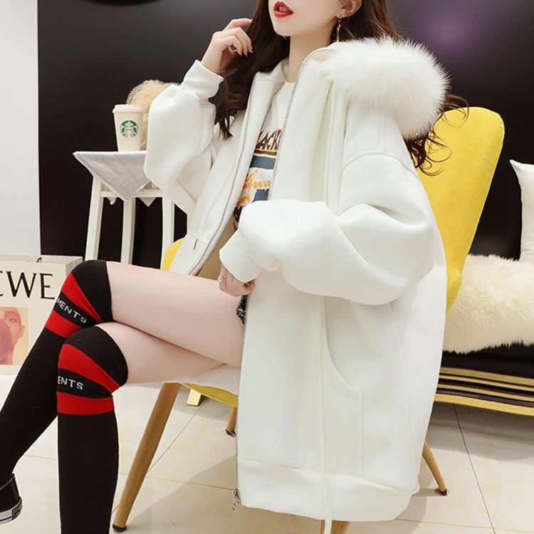 【3色】加絨加厚中長款韓版寬鬆百搭外套開衫-HaloBless