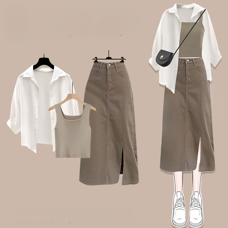 【單件/套裝】氣質防曬襯衫百搭背心顯瘦半身裙三件套裝-HaloBless