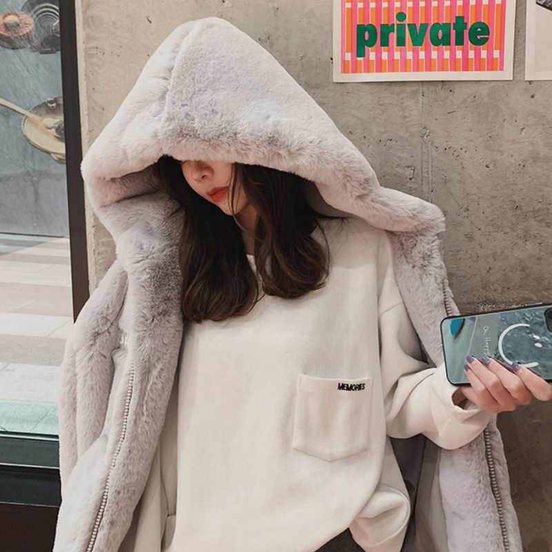 寬鬆慵懶連帽刷毛仿皮草加厚羊羔毛絨外套