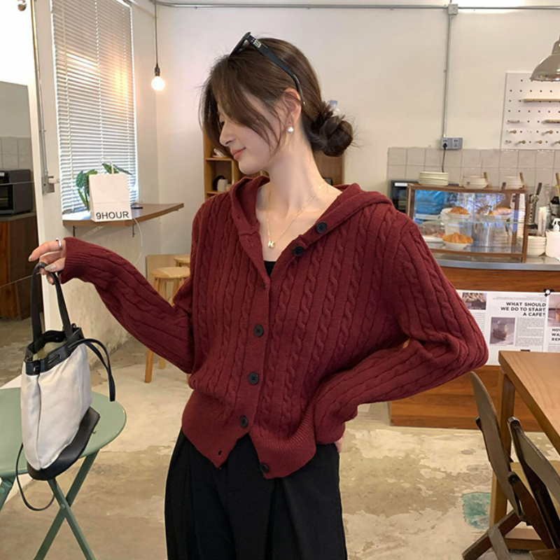 設計感顯瘦氣質百搭連帽長袖針織開衫