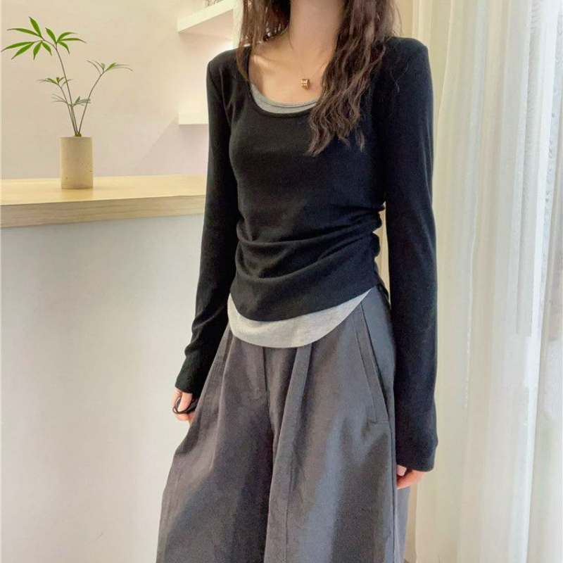 假兩件正肩修身顯瘦拼接撞色長袖T恤