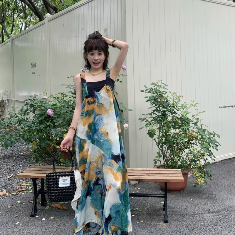 清涼顯白海島藍V領寬鬆闊腿背帶連體褲-HaloBless