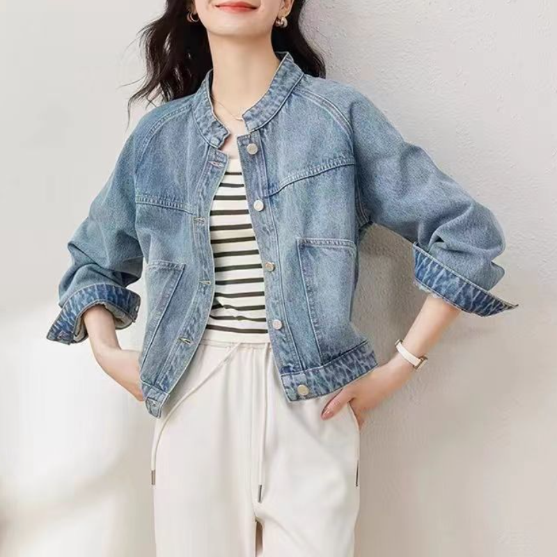 復古水洗牛仔短外套 立領顯高小個子長袖上衣-HaloBless