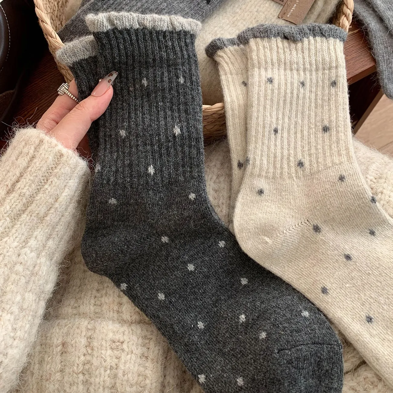 溫柔花邊可愛波點百搭堆堆百搭中筒棉襪