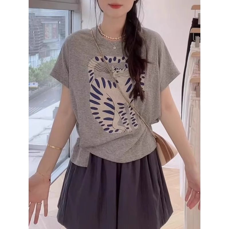【純棉】小眾別緻休閒貓咪印花設計感短袖T恤