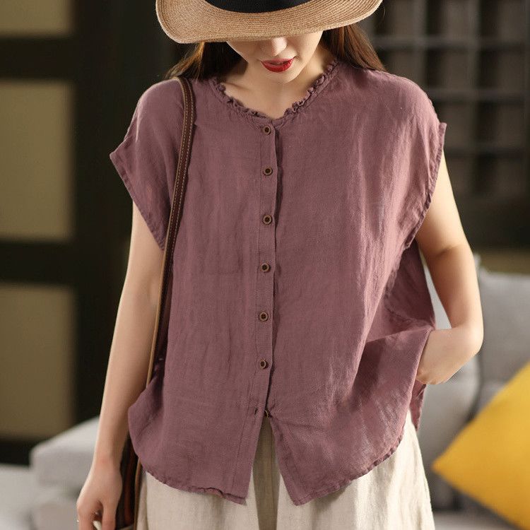 5色重工棉麻木耳領復古單排扣百搭無袖襯衫