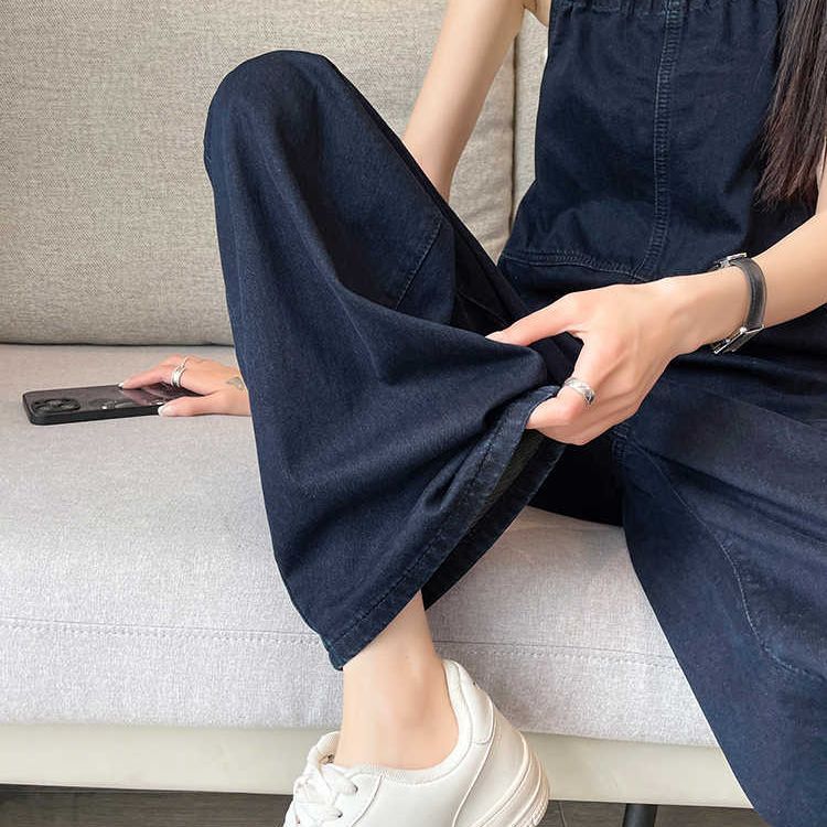 氣質吊帶顯瘦闊腿薄款高腰連體牛仔背帶褲