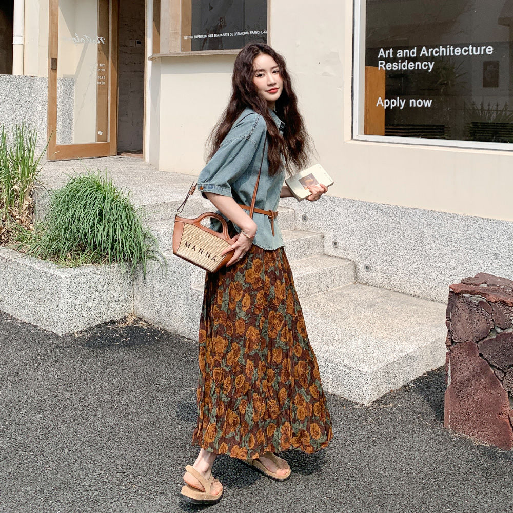 【單品/套裝】短袖牛仔襯衫碎花半身裙兩件套裝-HaloBless